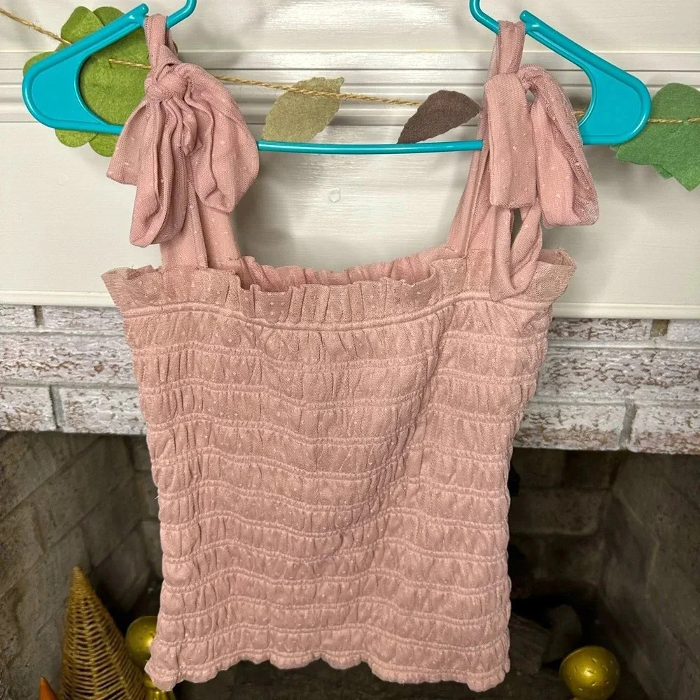 Anthropologie Smocked Bow Strap Tank Top Blush Pink Swiss Dot Cottagecore Small